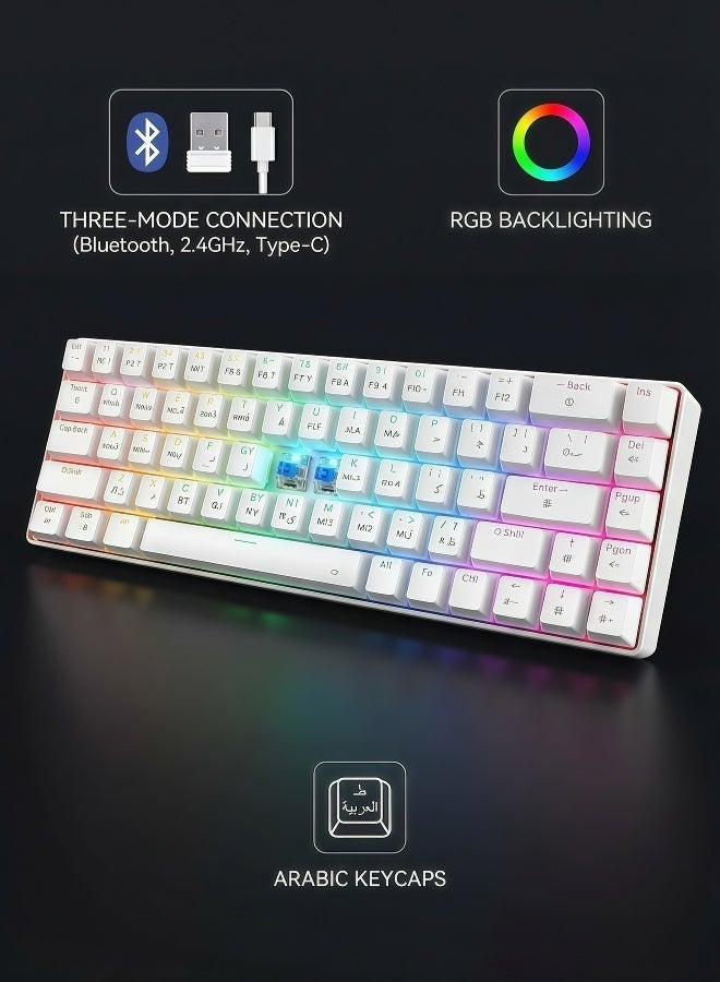 Keyboard, gaming keyboard, mechanical keyboard, blue axis RGB backlight, multi-mode wireless Bluetooth connection, Arabic keycap, 68 key hot swappable shaft body, anti ghost key, Arabic keyboard, (12.2 x 3.9 inches) 2000mAh long-lasting rechargeable battery, white keyboard